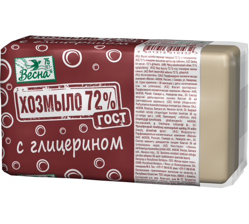 Мыло "ВЕСНА Хозмыло 72%" ГОСТ 44/ кор (с глицерином) в пленке, 140  арт 6049 (44/уп)