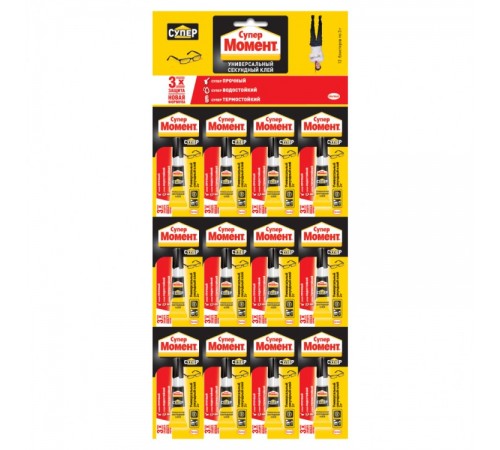 Клей Супер Момент, универсальный, секундный, 3 гр. (12шт/лист)(24лист/ящ)