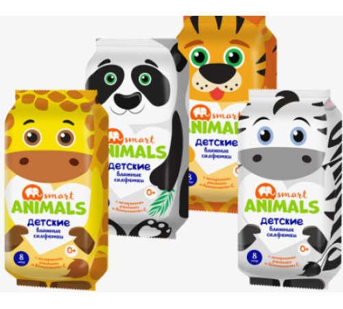 Влажные салфетки Smart animals №8 детские с ромашкой и витамином Е mix