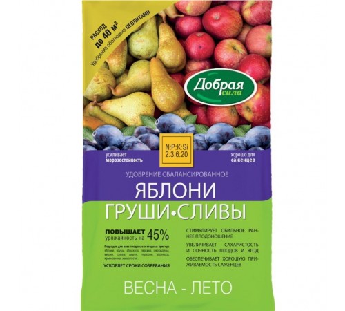 Добрая сила Сухое удобрение Яблони-Груши-Сливы, пакет 2кг/10