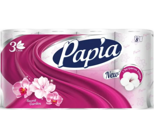 Papia Туалетная бумага Таинственный сад 3-слойная 8шт  *7
