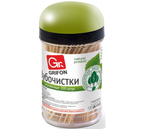 GRIFON Зубочистки из дерева 200шт банка  *24