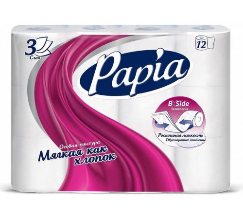 Papia Туалетная бумага 3-х сл.  Белая 12 рулонов   *7*168